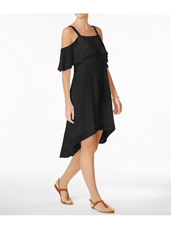 Women Black Textured Cold Shoulder Ruffled Overlay Hi-Low A-Line Dress M