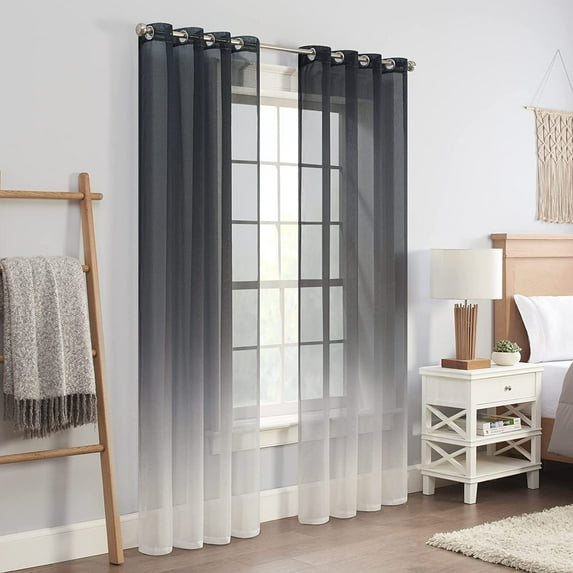 ECLIPSE Ines Printed Ombre Textured Light Filtering Grommet Window Curtains for Bedroom (2 Panels), 52 in x 63 in, Charcoal
