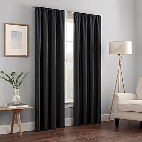 Kendall Black Polyester Linen Blackout Rod Pocket Curtains