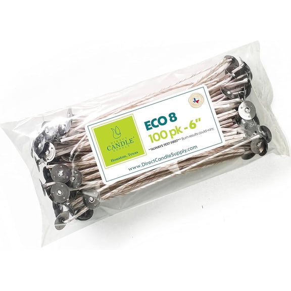 ECO 8 Wicks for Candle Making, 6 inch Pre-Waxed Wicks with Base 100pk White