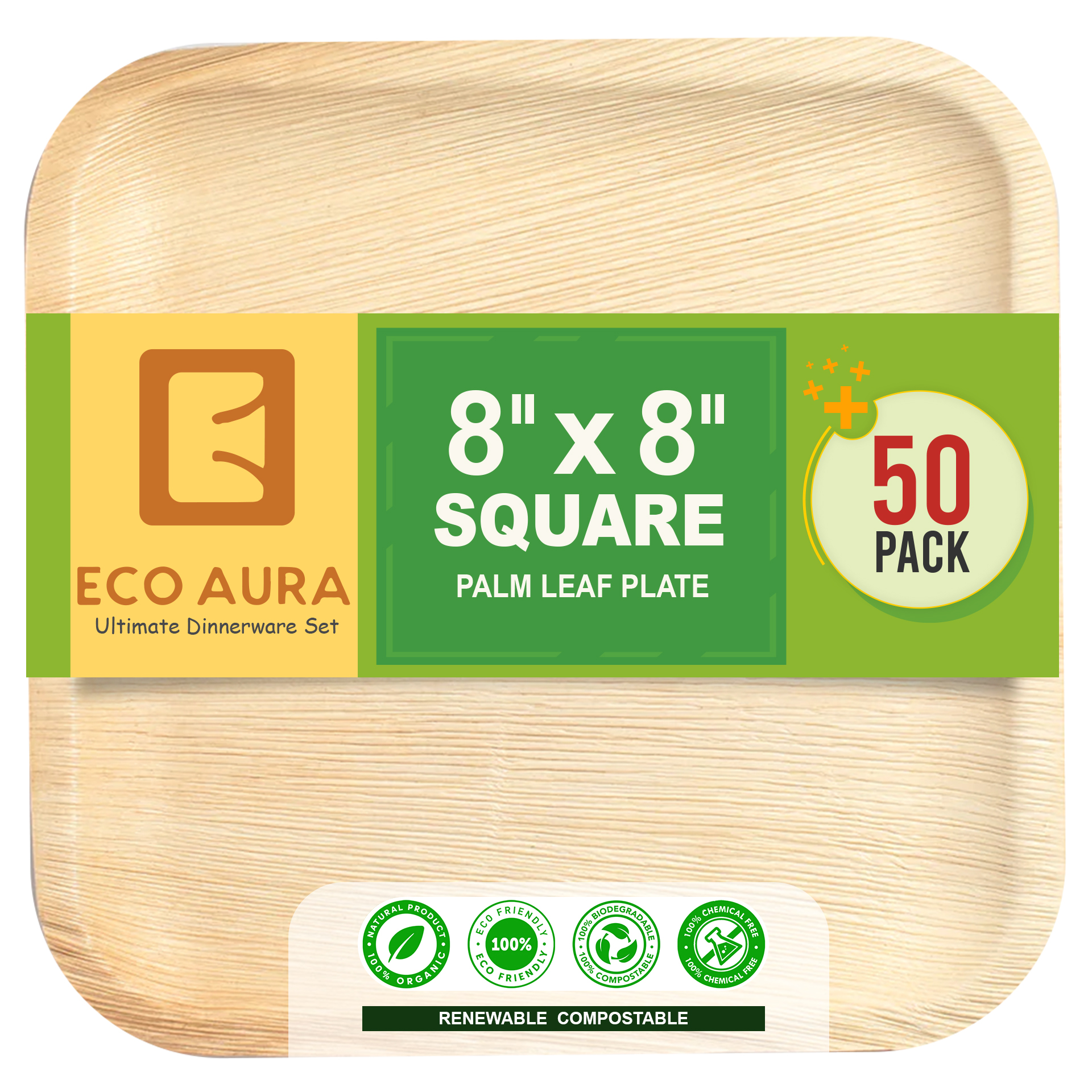 Indo Square Natural Palm Leaf Plate 6 1/2" x 6 1/2" x 1" 100 count