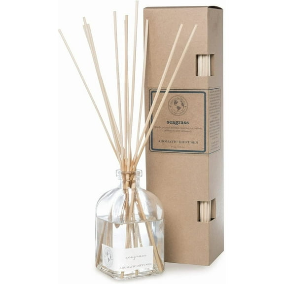 ECO CANDLE CO. Reed Diffuser Set, Seagrass, 4 oz. - Scents of Coconut, Jasmine, Eucalyptus, Vetiver, Driftwood, & Seaweed - Premium Fragrance & Essential Oils, Clear Glass, 12 Reeds, Recycled Box