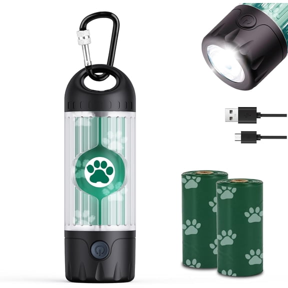ECO PET SUPPLY 3-in-1 Dog Poop Bag Holder with Flashlight 7-Color, USB-C Rechargeable Poo Bag Holder for Dogs Lead, IPX6 Waterproof Cat Waste Dispenser for Walking (30 Plastic Bags, 1 Dispenser)