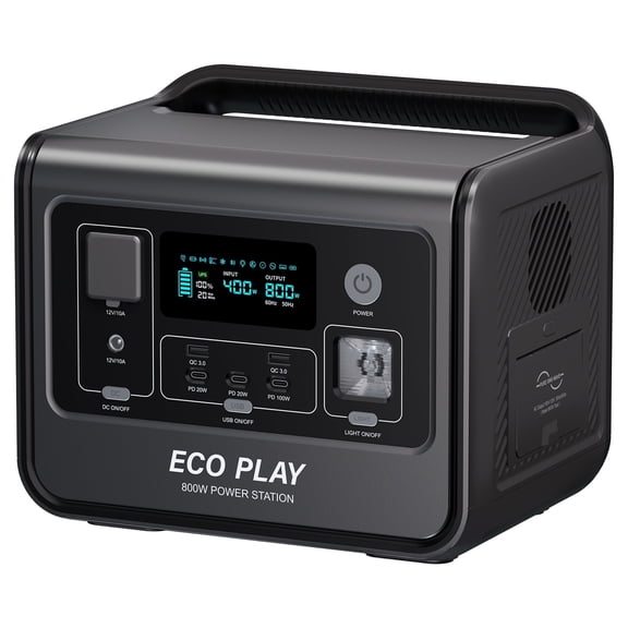 Eco Play 800W AC Portable Power Station EP800, 512Wh LiFePO4 Battery Backup, 4000+ Cycles, UPS, LED, Solar Generator for Outdoors Camping Blackout