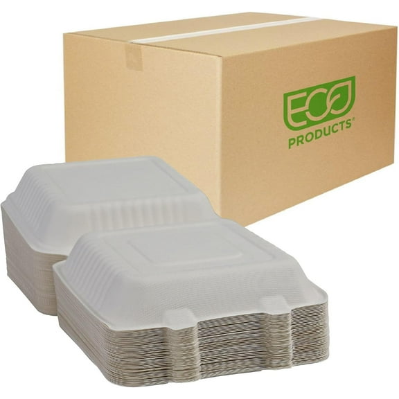ECO PRODUCTS Compostable 9" Soak Proof Clamshell To Go Containers, Case of 200, Square Takeout Food Box, White Renewable Lined Molded Fiber, Microwaveable, Grease & Cut Resistant, ASTM Compliant
