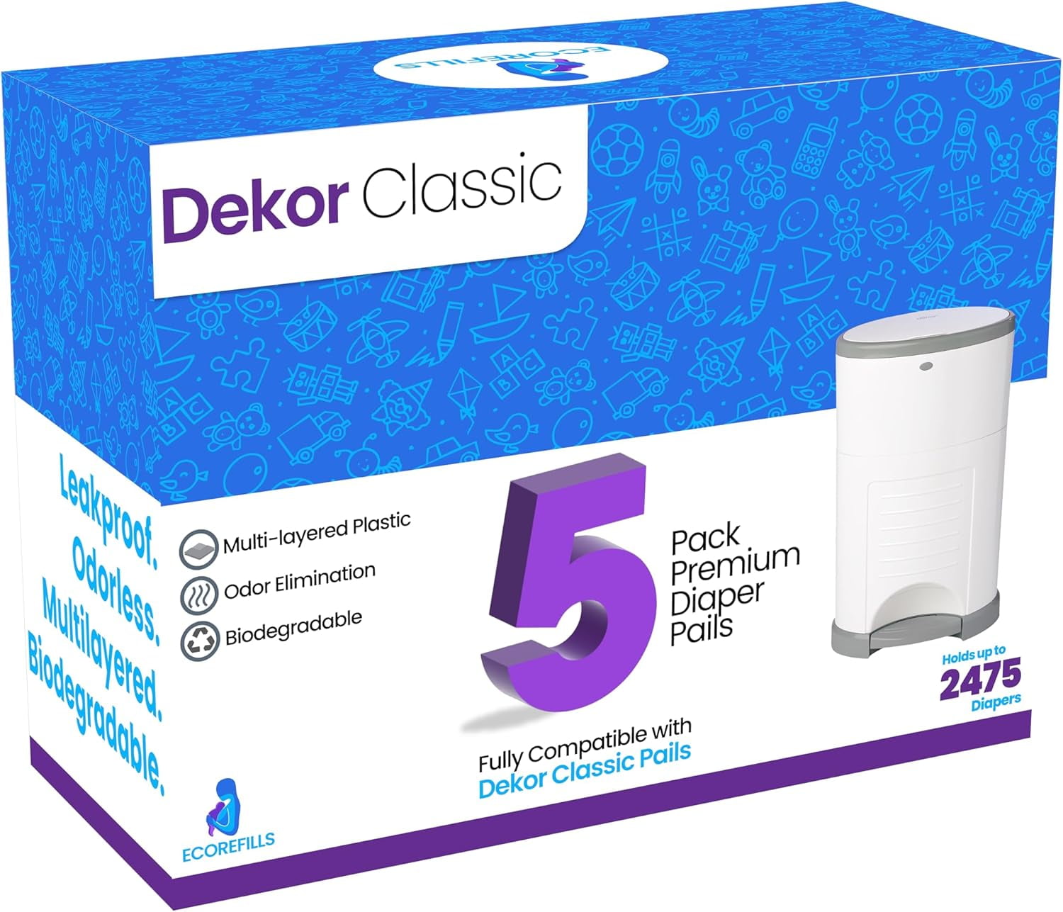 ECO-REFILLS Diaper Pail Refills - Fits Dekor CLASSIC Extra Thick, Powerful Odor Elimination & Powder Scent | Easy to Replace and Dispose of Diaper Bag (5)