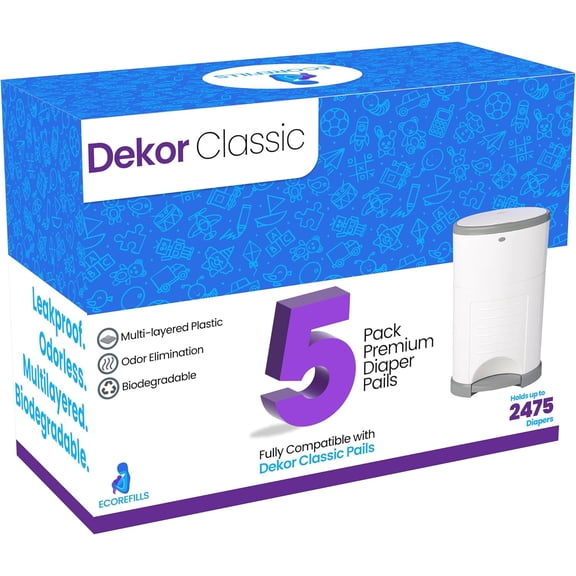 ECO-REFILLS Diaper Pail Refills - Fits Dekor CLASSIC Extra Thick, Powerful Odor Elimination & Powder Scent | Easy to Replace and Dispose of Diaper Bag (5)