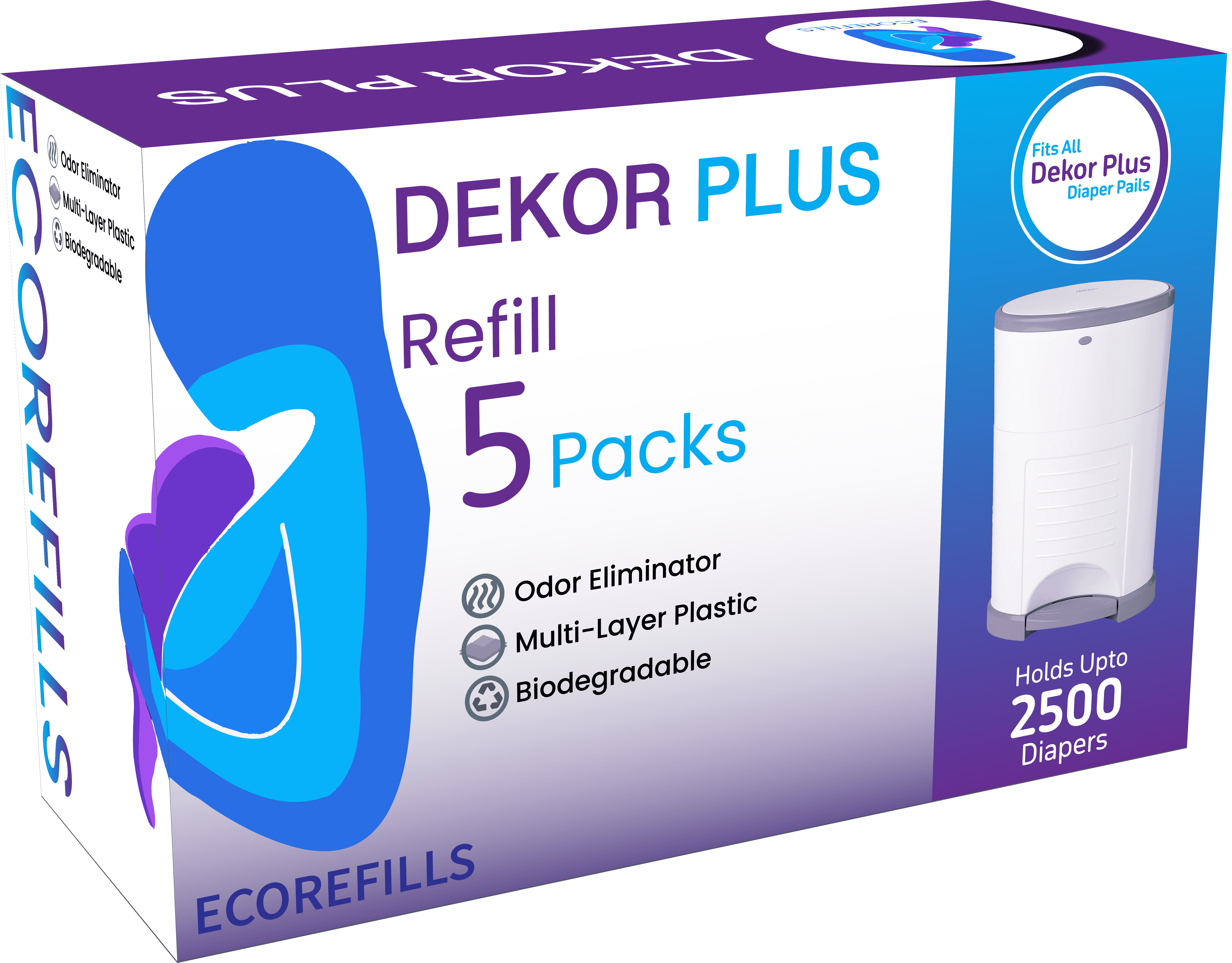 Dekor Plus Diaper Pail Refill, 5 Refill Liners, 30% Thicker, Leak-Proof, Powder Scent