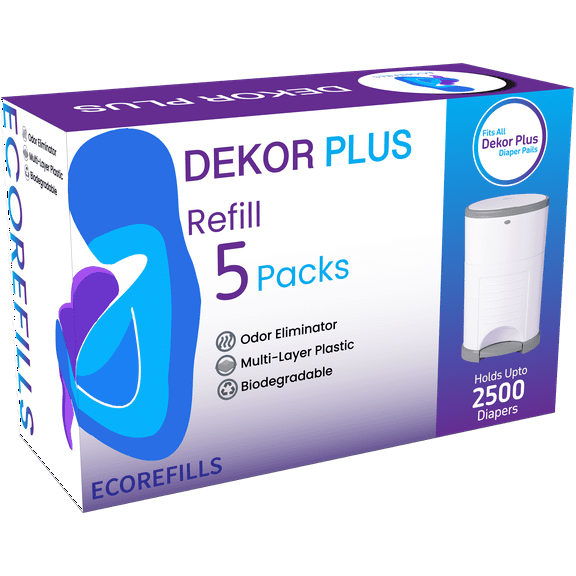 Dekor Plus Diaper Pail Refill, 5 Refill Liners, 30% Thicker, Leak-Proof, Powder Scent