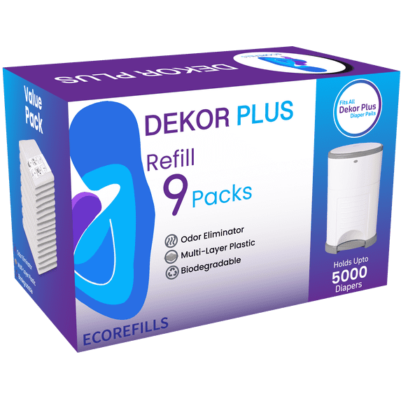 Pack of 9 Refill Liners Compatible with Dekor Plus Pails, 30% Thicker, Leak-Proof, Powder Scent