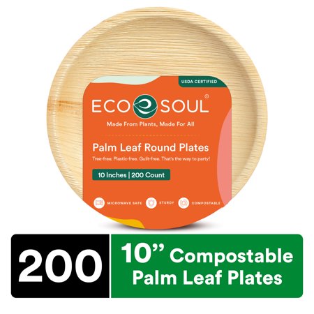 ECO SOUL 10 Inch Round Disposable Palm Leaf Party Plates (200 Pack)