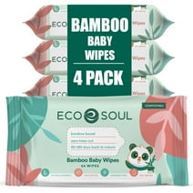 ECO SOUL 100% Bamboo Premium Baby Wipes | 4 Pack of 64 | 256 Count | 99% Purified Water, Hypoallergenic, Eco-Friendly, Biodegradable Baby Wipe, Sustainable, Organic