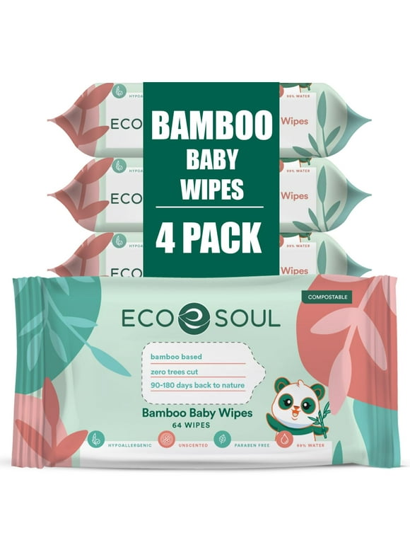 ECO SOUL 100% Bamboo Premium Baby Wipes | 4 Pack of 64 | 256 Count | 99% Purified Water, Hypoallergenic, Eco-Friendly, Biodegradable Baby Wipe, Sustainable, Organic