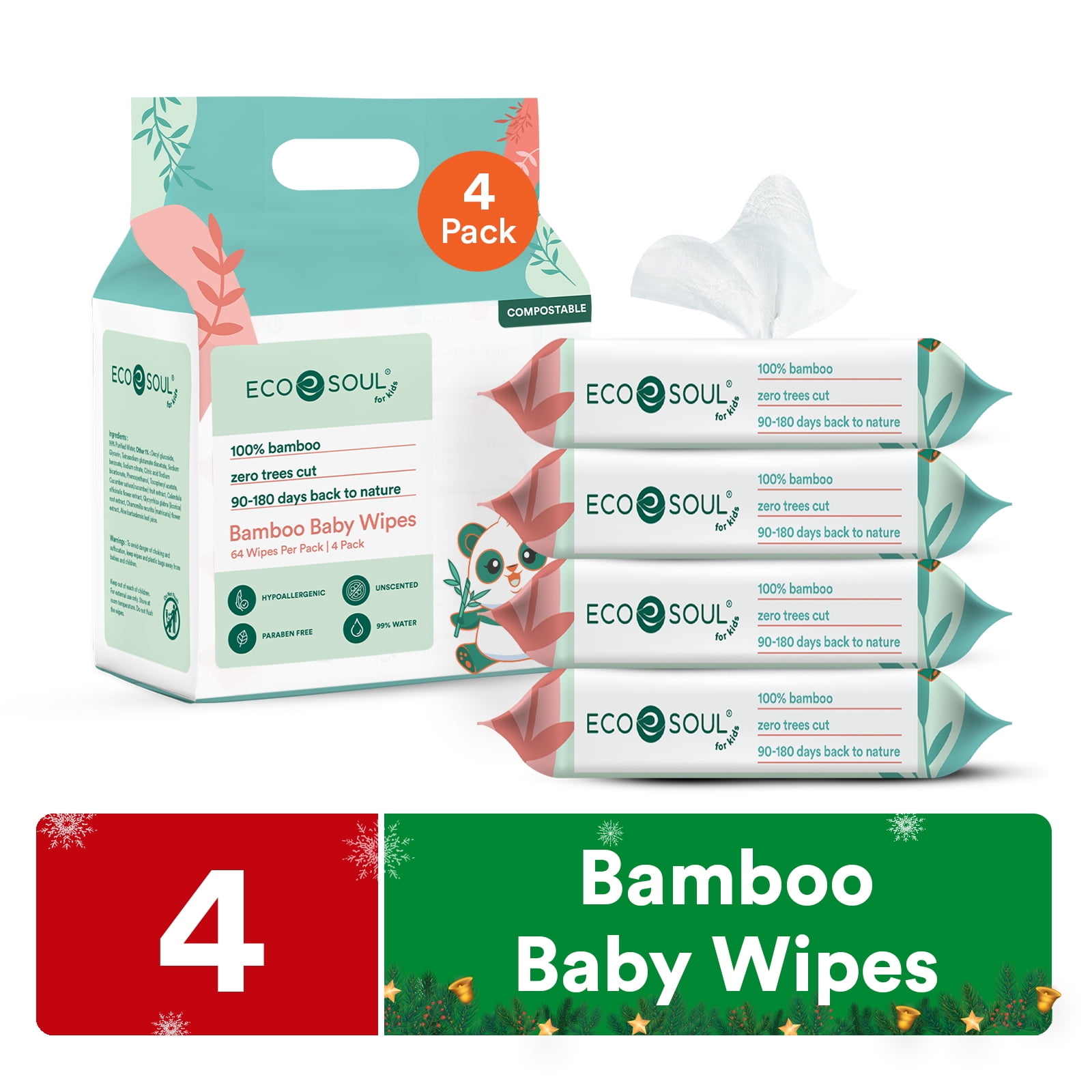 ECO SOUL 100 Bamboo Premium Baby Wipes 4 Pack of 64 256 Count 99