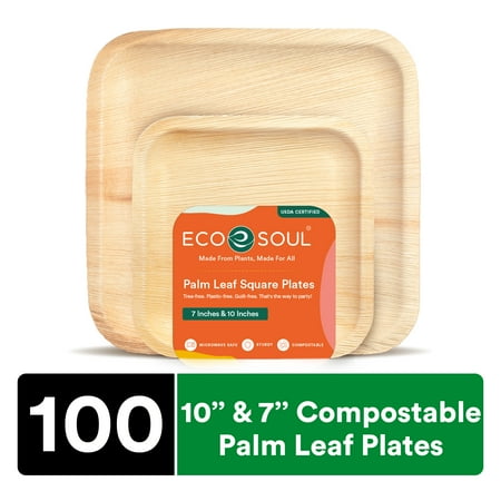 ECO SOUL 100% Compostable 10 Inch & 7 Inch Palm Leaf Plates [100-Pack] I Premium Disposable Plates Set I Heavy Duty Eco-Friendly Bamboo Plates like I Biodegradable Party Plates Pack