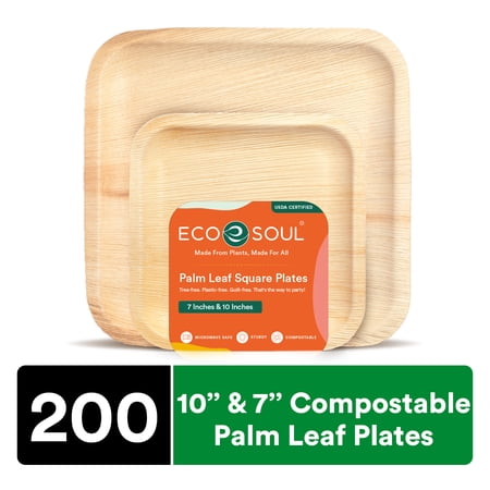 ECO SOUL 100% Compostable 10 Inch & 7 Inch Palm Leaf Plates [200-Pack] I Premium Disposable Plates Set I Heavy Duty Eco-Friendly Bamboo Plates like I Biodegradable Party Plates Pack