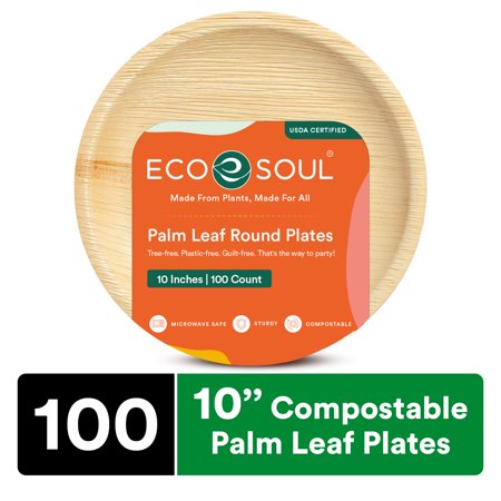 ECO SOUL 100% Compostable 10 Inch Palm Leaf Round Plates, 100 Counts | Heavy Duty Bamboo Disposable Party Plates | Eco-Friendly Biodegradable Plates