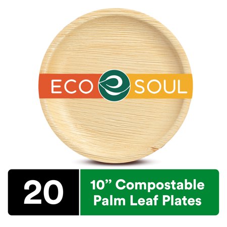ECO SOUL 100% Compostable 10 Inch Palm Leaf Round Plates, 20 Counts | Heavy Duty Bamboo Disposable Party Plates | Eco-Friendly Biodegradable Plates