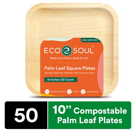 ECO SOUL 100% Compostable 10 Inch Palm Leaf Square Plates, 50 Counts | Heavy Duty Bamboo Disposable Party Plates | Eco-Friendly Biodegradable Plates