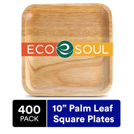 ECO SOUL 100% Compostable 10 inch Palm Leaf Square Plates, 400 Counts | Heavy Duty Bamboo Disposable Party Plates | Eco-Friendly Biodegradable Plates
