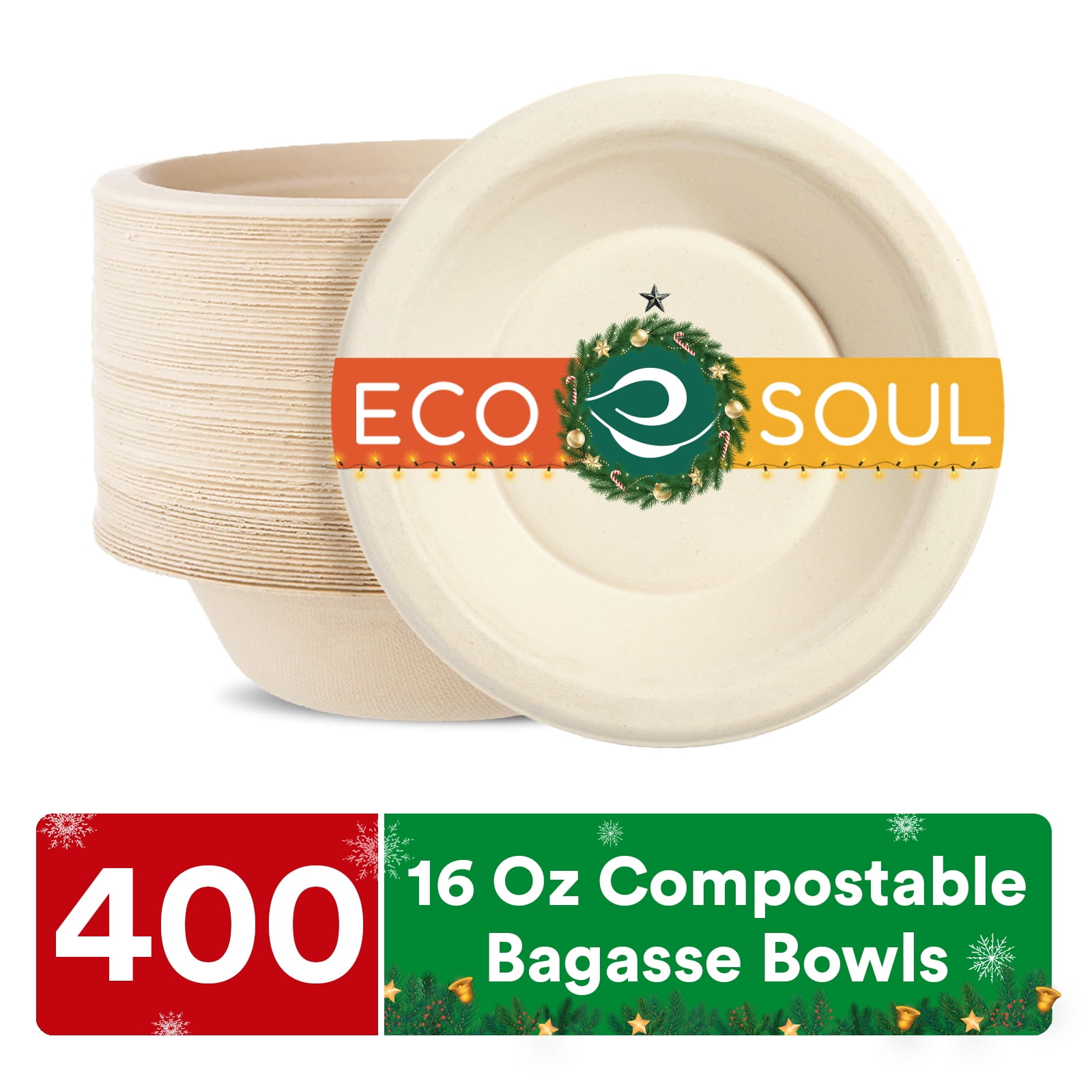 ECO SOUL 100 Compostable 16 Oz Soup Bowls [400Pack] Disposable