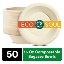 ECO SOUL 100% Compostable 16 oz Bagasse Bowls, 50 counts | Heavy-Duty Disposable Bowls | Eco-Friendly Made of Sugarcane Fibers-Natural Unbleached Biodegradable Bowls