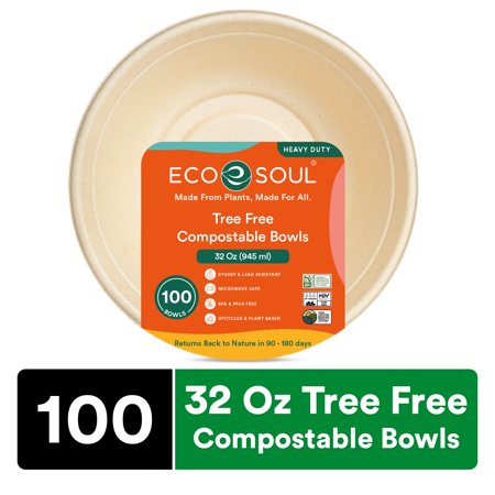 ECO SOUL 32 Oz [100-Pack] Tree Free Compostable Disposable Bowls (PFAS Free) | Heavy Duty Bowls | Eco-Friendly Bowl | Biodegradable Large Bowls