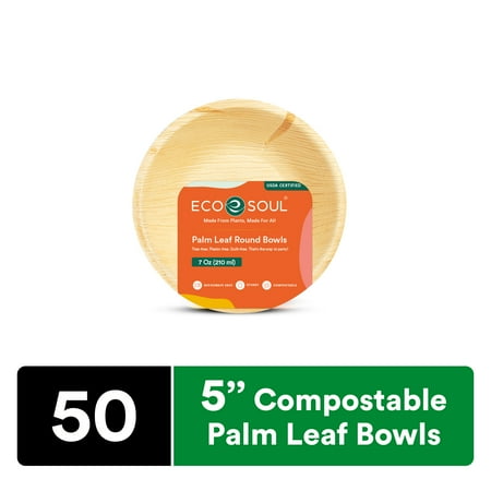 ECO SOUL 100% Compostable 5 Inch Palm Leaf Bowls, 50 Counts | Heavy Duty Bamboo Disposable Bowls | Eco-Friendly Biodegradable Bowls