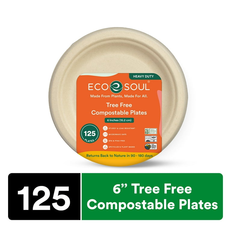 ECO SOUL Compostable 6 Inch Bagasse Plates, 125 Count | Heavy-Duty