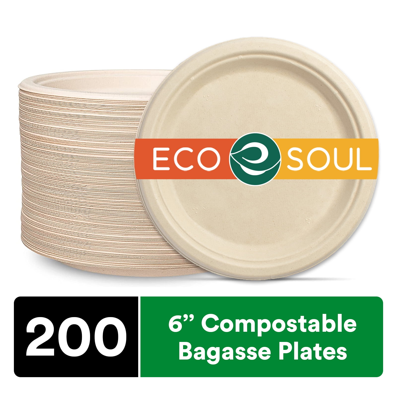 Eco Soul 100% Compostable 6 inch Paper Plates [200-Pack] Small Disposable Party Heavy Duty, Eco-Friendly, Appetizer, Dessert, Wedding Plates I