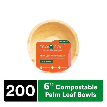 ECO SOUL 100% Compostable 6 Inch Palm Leaf Bowls, 200 Counts | Heavy Duty Bamboo Disposable Bowls | Eco-Friendly Biodegradable Bowls