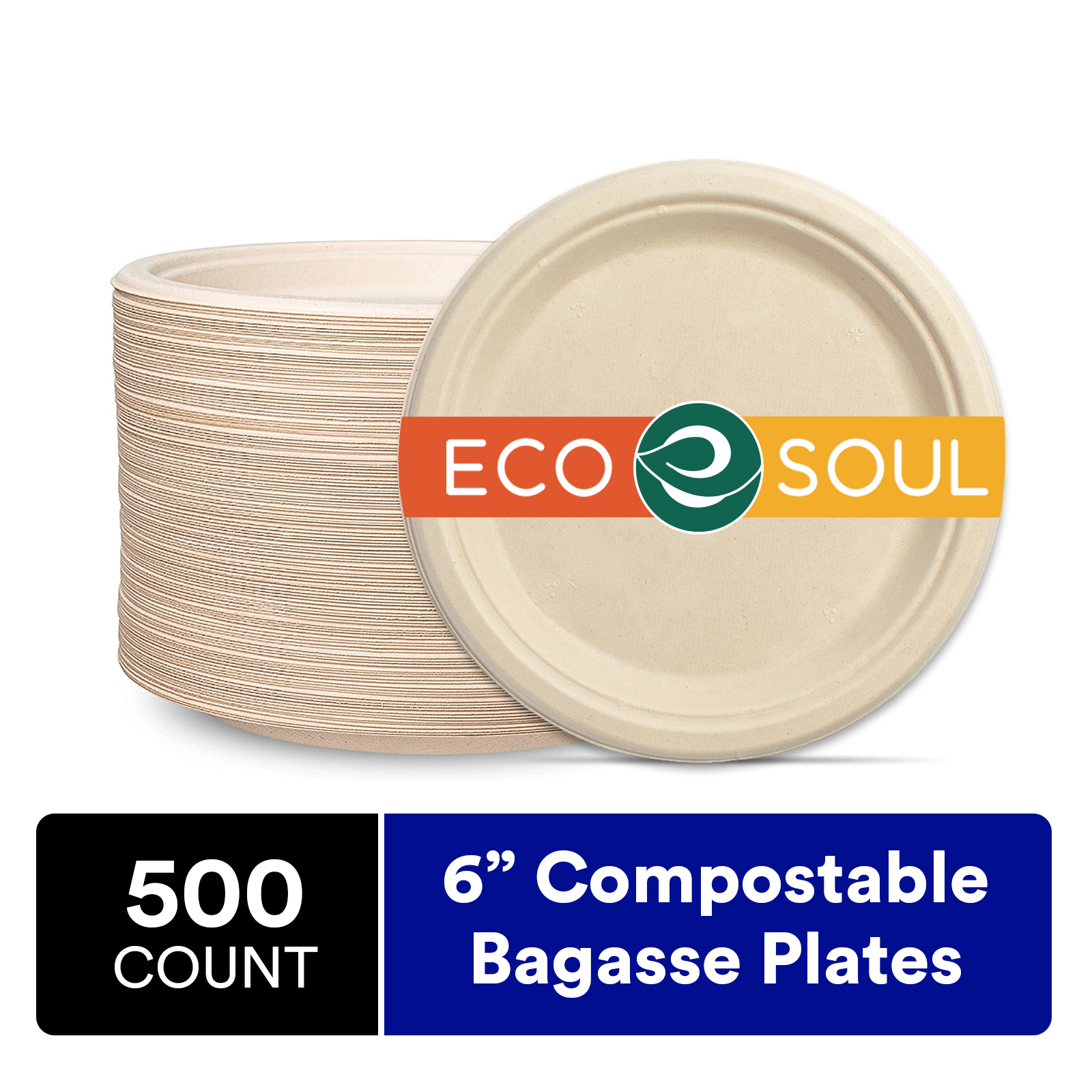 ECO SOUL 100 Compostable 6 inch Bagasse Paper Plates, 500 Counts