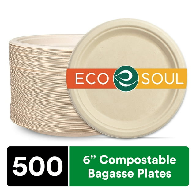 ECO SOUL 100 Compostable 6 inch Bagasse Paper Plates, 500 Counts