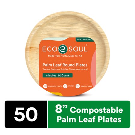 ECO SOUL 100% Compostable 8 Inch Palm Leaf Round Plates, 50 Counts | Heavy Duty Bamboo Disposable Party Plates | Eco-Friendly Biodegradable Plates