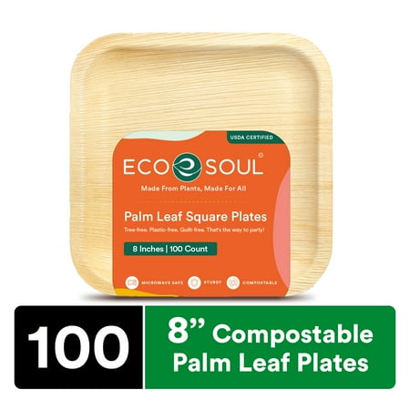 ECO SOUL 100% Compostable 8 Inch Palm Leaf Square Plates, 100 Counts | Heavy Duty Bamboo Disposable Party Plates | Eco-Friendly Biodegradable Plates