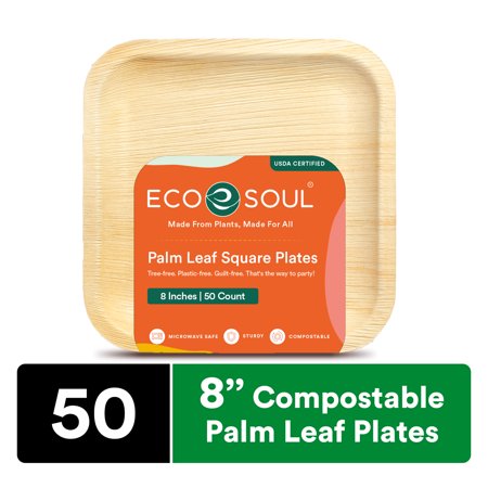 ECO SOUL 100% Compostable 8 Inch Palm Leaf Square Plates, 50 Counts | Heavy Duty Bamboo Disposable Party Plates | Eco-Friendly Biodegradable Plates