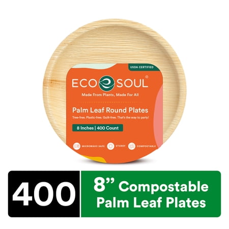 ECO SOUL 100% Compostable 8 inch Palm Leaf Round Plates, 400 Counts | Heavy Duty Bamboo Disposable Party Plates | Eco-Friendly Biodegradable Plates