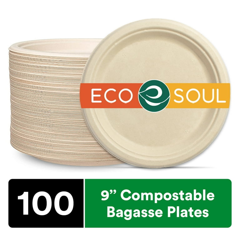 ECO SOUL 100% Compostable 9 Inch Bagasse Paper Plates, 100 counts, Heavy-Duty Disposable Plates