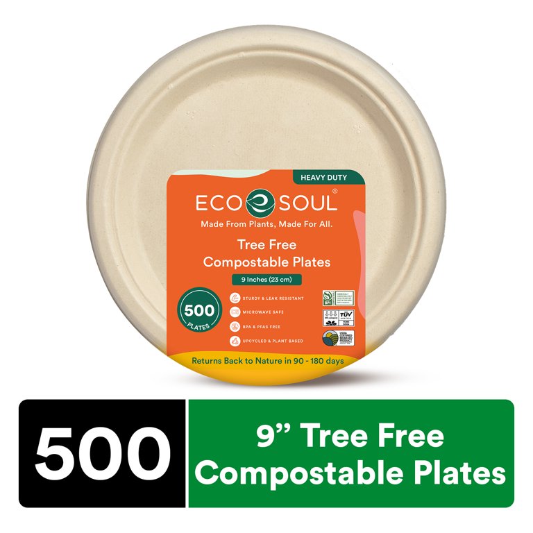 ECO SOUL Compostable 9 Inch Bagasse Plates, 500 Count | Heavy-Duty