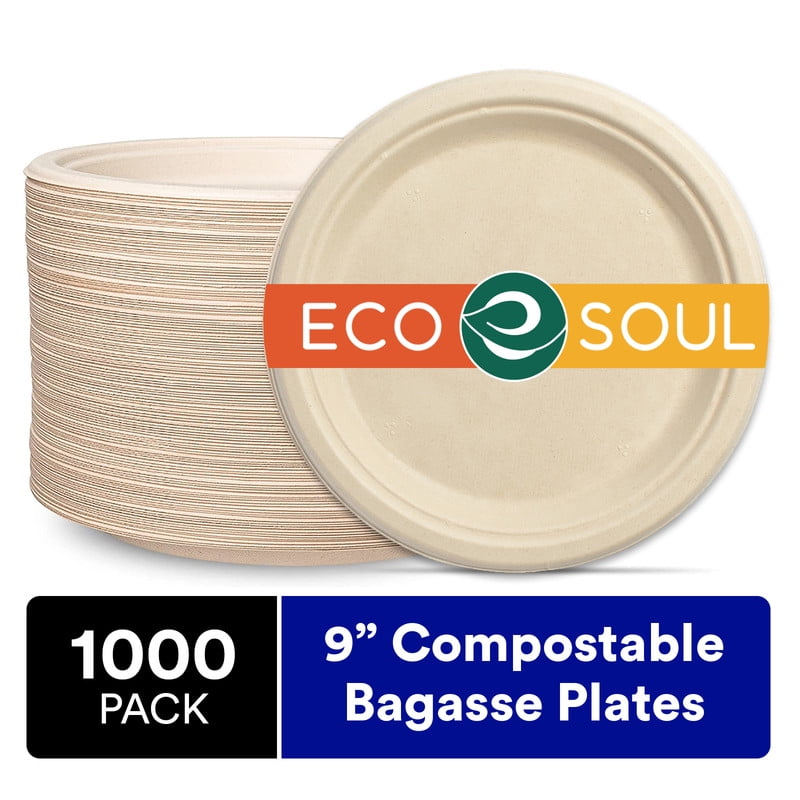 ECO SOUL 100 Compostable 9 inch Bagasse Paper Plates, 1000 Counts