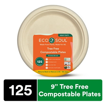 ECO SOUL 9 Inch Round [125-Pack] Tree Free Compostable Plates I PFAS free, Heavy-Duty Eco-Friendly Dinner Plates I Biodegradable Sugarcane Eco Plates | Microwavable