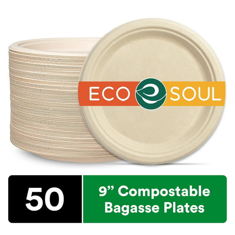 ECO SOUL 100% Compostable 10 Inch Bagasse Paper Plates, 50 Counts |  Heavy-Duty Disposable Plates | Eco-Friendly Made of Sugarcane  Fibers-Natural