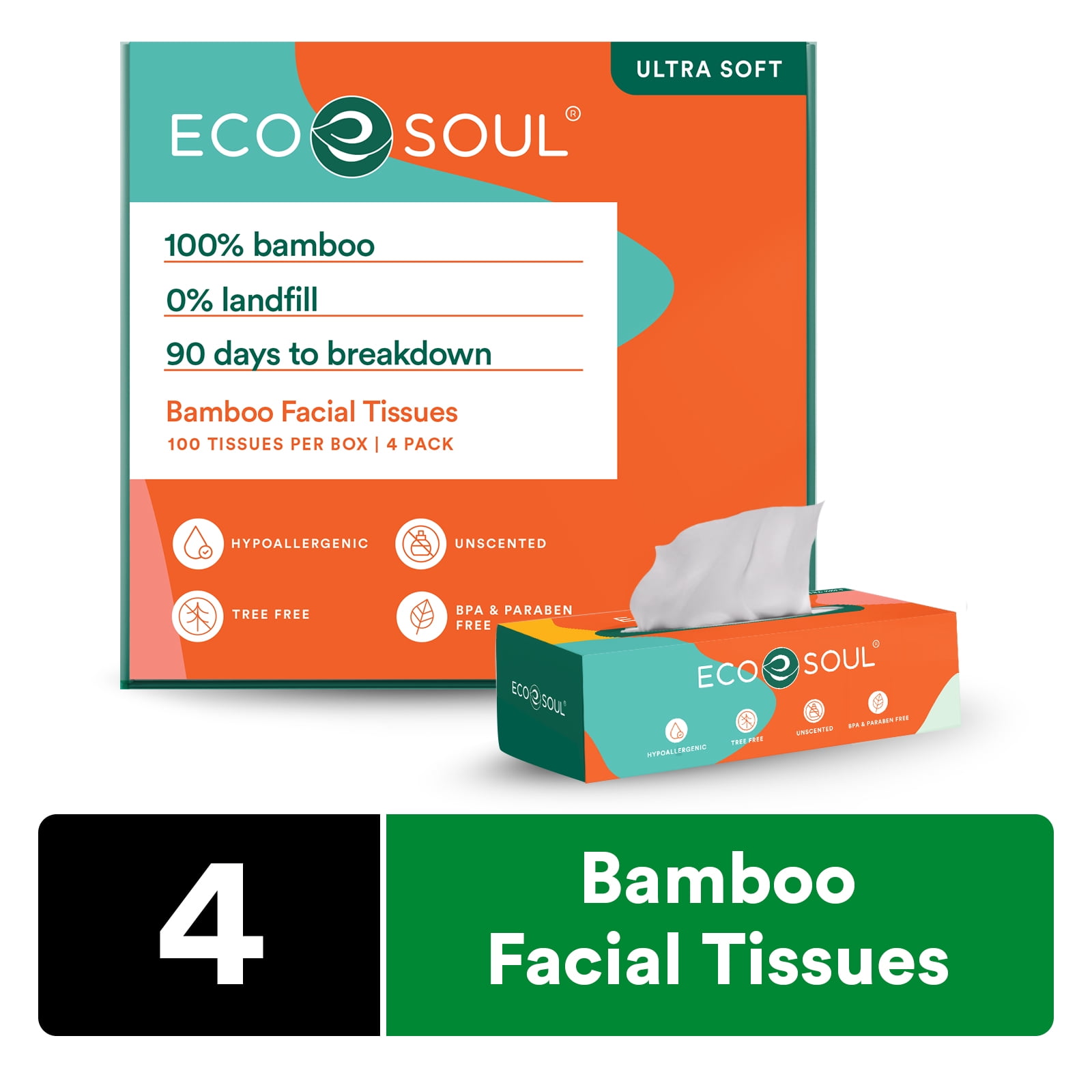 ECO SOUL Compostable Bamboo Facial Tissues - Portable 4 Packs (400 ...