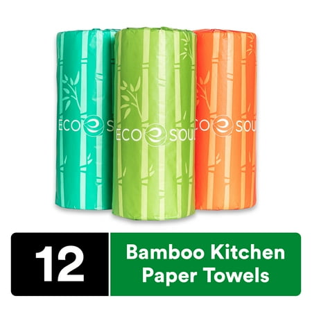 ECO SOUL 100% Compostable Bamboo Kitchen Paper Towel Set of 12 Rolls | 2Ply with 1800 Sheets, 150 Sheet Each | Eco-friendly Soft Paper Towel, Kitchen Towel