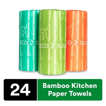 ECO SOUL 100% Compostable Bamboo Kitchen Paper Towel Set of 24 Rolls | 2Ply with 3600 Sheets, 150 Sheet Each | Eco-friendly Soft Paper Towel, Kitchen Towel