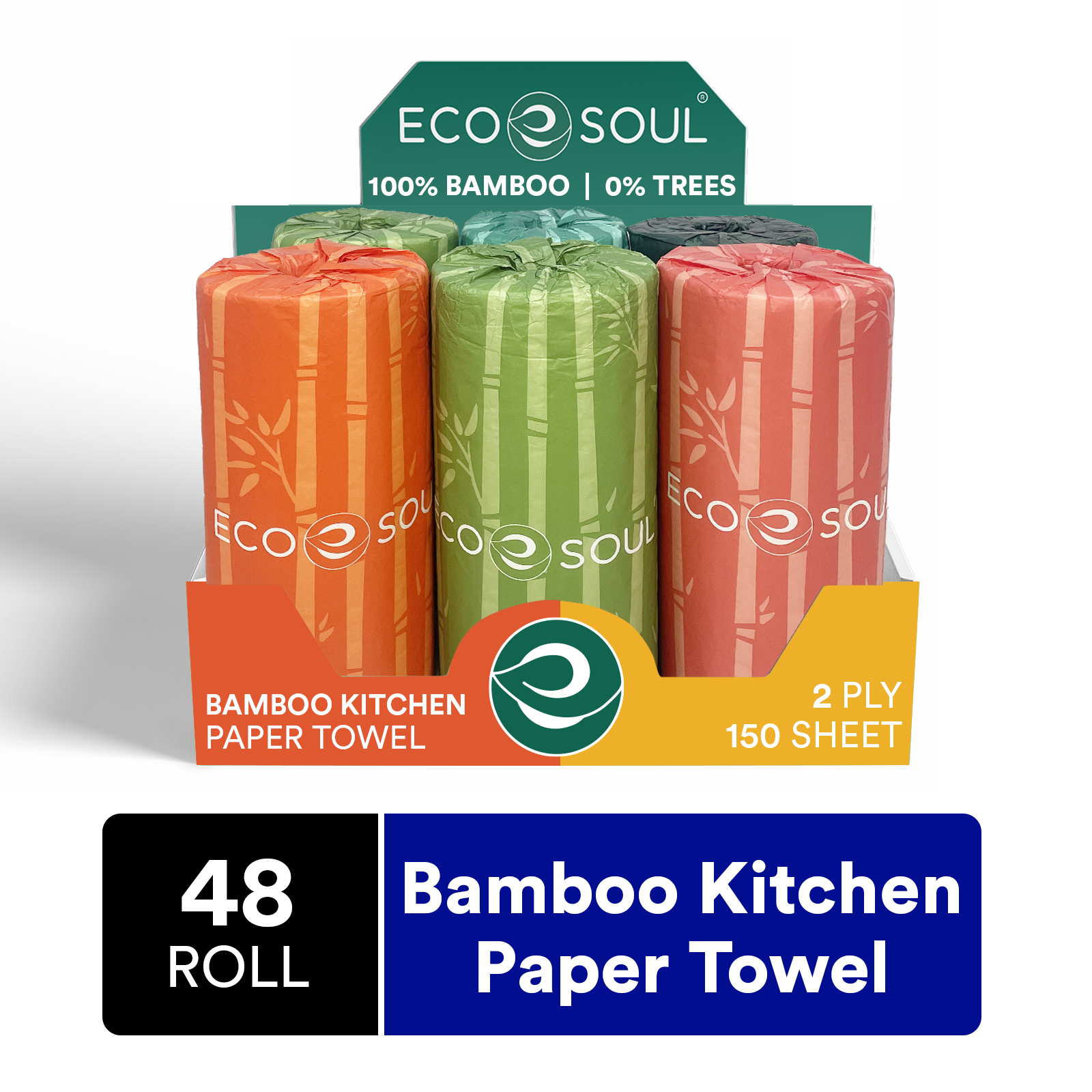 ECO SOUL 100 Compostable Bamboo Kitchen Paper Towel Set of 6 Rolls 2Ply with 900 Sheets, 150