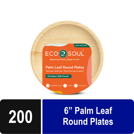 ECO SOUL 6 Inch Bamboo Leaf Round Plates, 200 Count | Heavy Duty Appetizer Party Plates