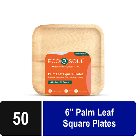 ECO SOUL 6 Inch Bamboo Leaf Square Plates, 50 Count | Heavy Duty Appetizer Party Plates