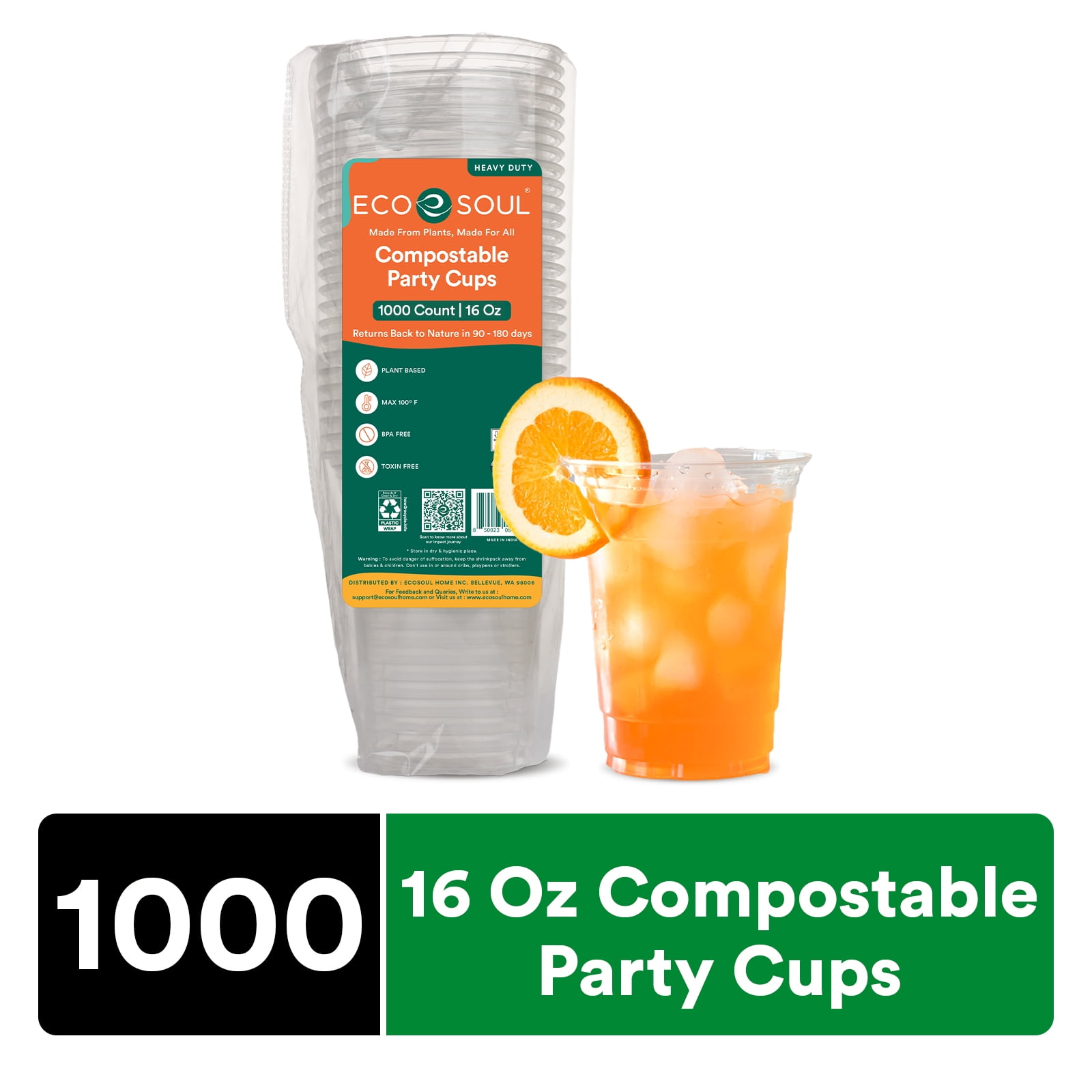 ECO SOUL 100% Compostable, Disposable Party Cups | Eco-friendly Party Cups | (1000 Count, 16 oz Cold Cups)