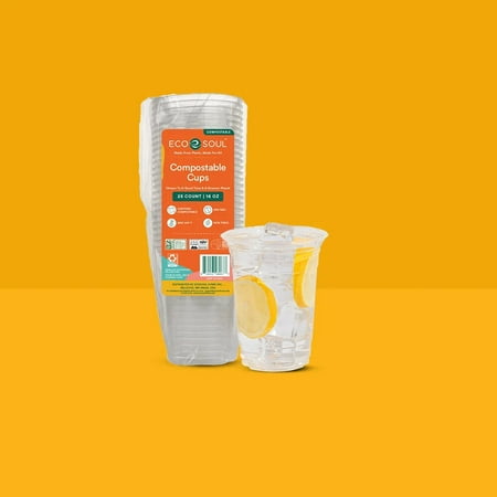 Ecosoul 100% Compostable, Disposable Party Cups, 16 Fl Oz, Clear, 25 Count